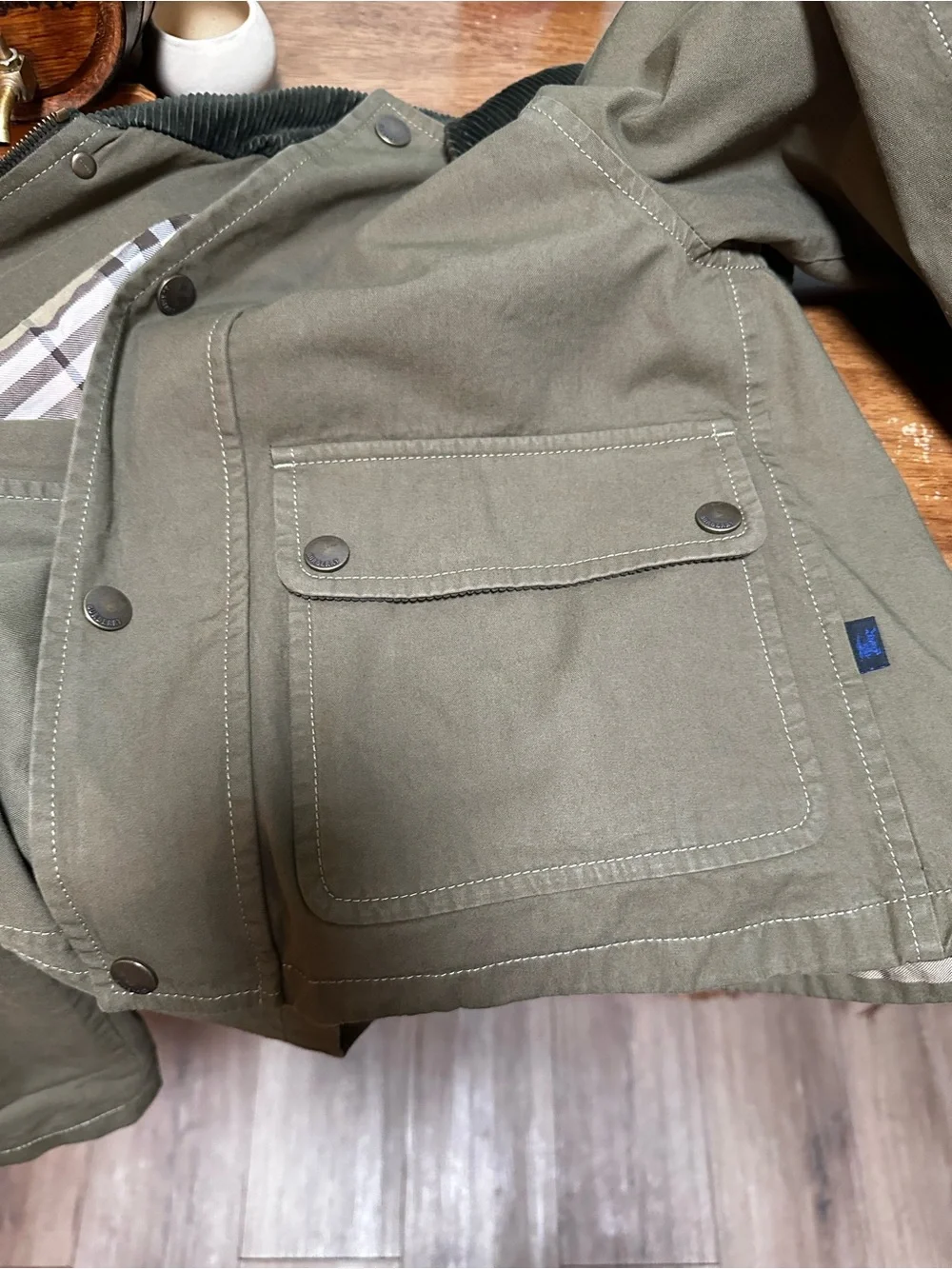 Burberry Olive Green Utility Jacket with Dark Corduroy Collar
